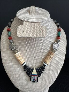 VTG Inspired Zuni-Style Mosaic Inlay Pendant Necklace Hematite Fan